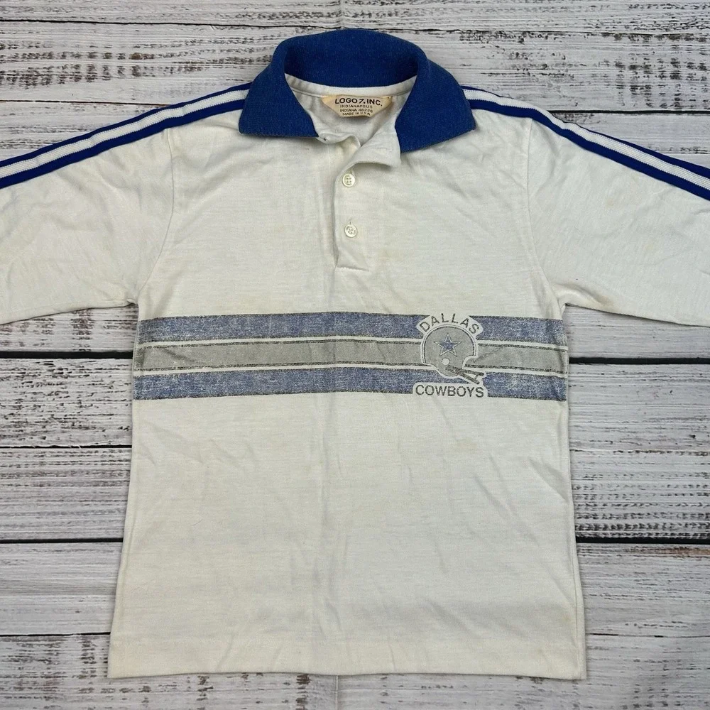 Vintage 70s DALLAS COWBOYS Logo 7 Youth Kids VTG Polo Shirt Striped NFL Faded - Picture 2 of 7